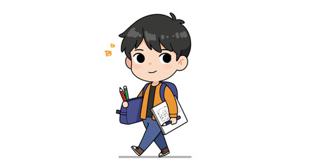 Cute cartoon boy student walking with school supplies.