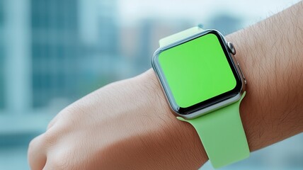 Close up of a businessman's hand wearing a smartwatch with a green screen, ideal for showcasing apps or designs