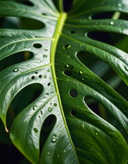 Monstera deliciosa leaf close-up with water droplets, showcasing vibrant green textures and fenestrations
