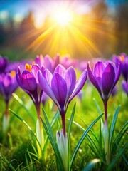Vibrant purple crocus flowers blooming in a lush green meadow under bright sunlight with warm and gentle hues