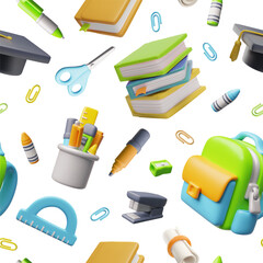 Seamless background with bright 3D school supplies: backpack, books, scissors, stationery.