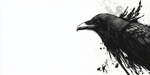 Fototapeta premium A black crow with its beak open is the main focus of the image. The background is white, which creates a stark contrast with the dark bird. Concept of mystery and intrigue