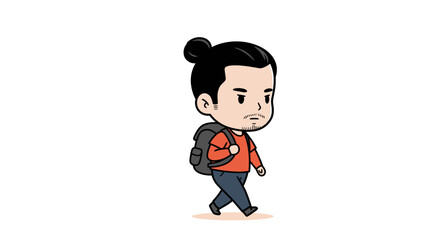 A stylized cartoon illustration of a man with a man bun and a backpack walking, depicted with a simple, clean aesthetic.