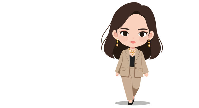 A charming cartoon woman in a stylish beige pantsuit, exuding professional elegance.