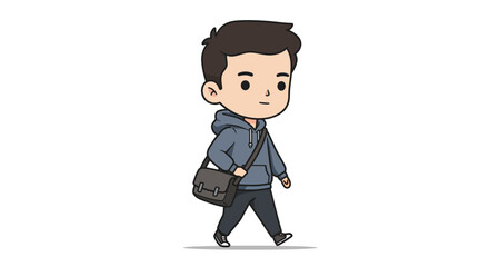 Cartoon illustration of a boy walking with a messenger bag.