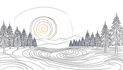 Winter mountain landscape line art.