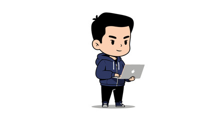 A stylized cartoon illustration of a young man in a dark blue hoodie holding and looking at a laptop computer.