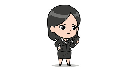Confident businesswoman cartoon character using smartphone.