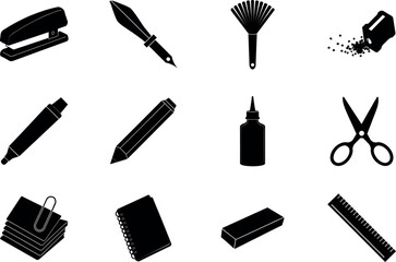 Obraz premium Stationery icon set of writing tools, office supplies and school items