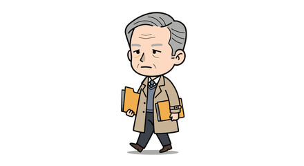 Cartoon illustration of an elderly man in a trench coat walking and holding file folders.
