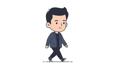 A stylized cartoon illustration of a young man in a suit walking confidently against a white background.