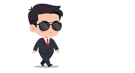 A charming chibi-style cartoon man in a dark suit and sunglasses walks confidently across a white background.