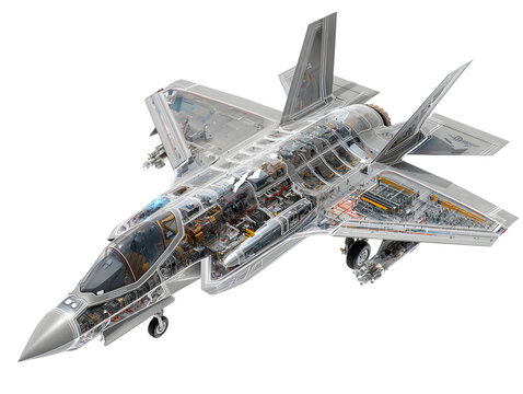 Detailed transparent cutaway view of a modern military fighter jet aircraft