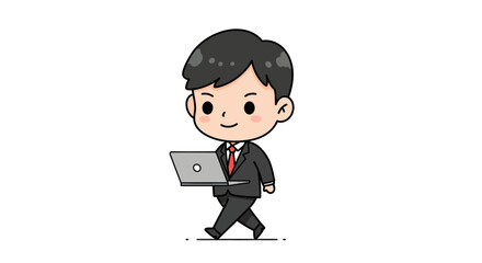 A cartoon businessman in a suit walks while carrying a laptop computer, smiling.