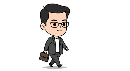 A stylized cartoon depiction of a businessman in a suit and glasses, walking confidently while carrying a briefcase.
