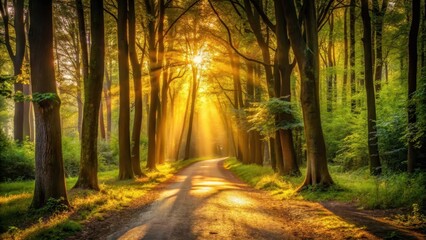 Fototapeta premium Soft golden light pours through trees casting dappled shadows on a forest path leading into darkness