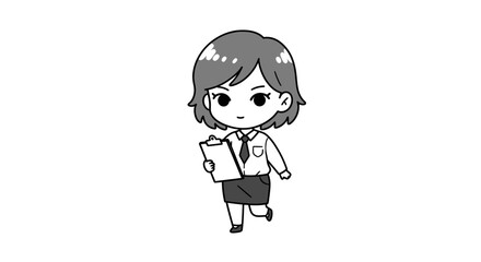A grayscale cartoon drawing of a businesswoman holding a clipboard, walking forward with a determined expression.