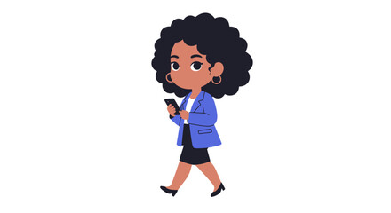 A stylish cartoon woman with an afro hairstyle walks while using her smartphone, wearing a blue blazer and skirt.