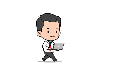 A cartoon businessman in a white shirt and red tie walks while holding and using a laptop.