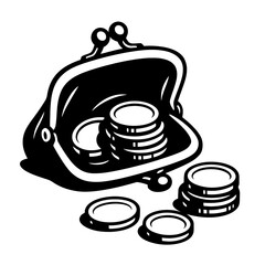 Obraz premium A black-and-white vector illustration of an open purse with coins inside and scattered around it, representing savings, budgeting, and financial planning.