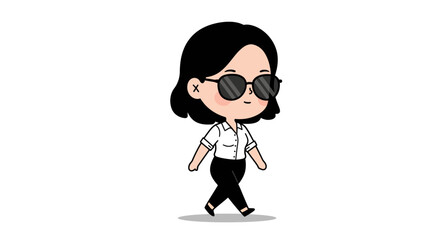 Cartoon illustration of a woman with short black hair and sunglasses, wearing a white shirt and black pants, walking forward.