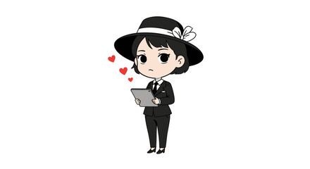 A charming cartoon character, dressed in a suit and hat, holding a tablet while red hearts float nearby, suggesting affection or interest.