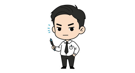 Cartoon businessman looking sternly while holding a pen, with a slightly frustrated expression.