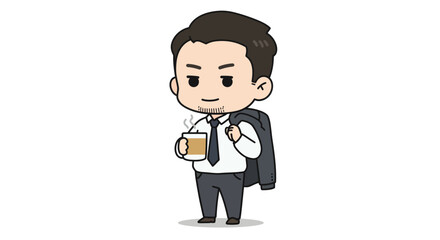 A stylized cartoon businessman enjoys a warm drink, jacket slung over shoulder.