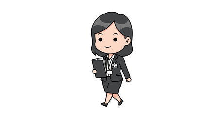A cute chibi cartoon of a professional businesswoman in a suit walking while holding a clipboard.