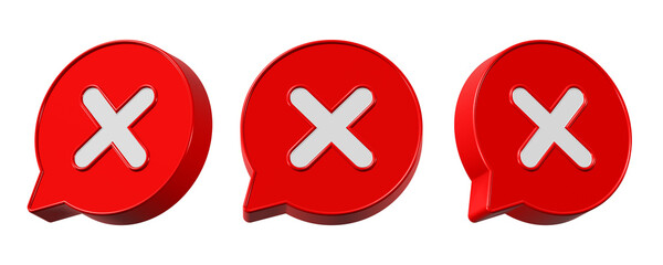 3D red speech bubble icon with white X mark isolated on transparent background