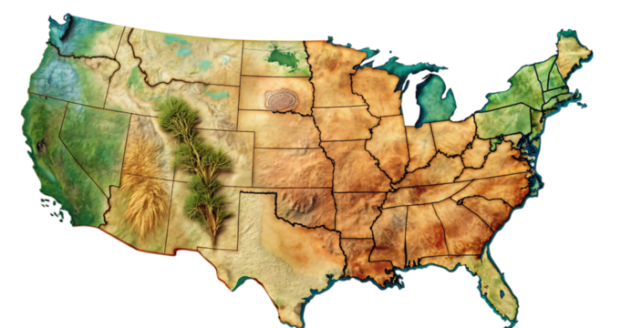 United states map detailed terrain state borders