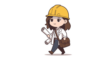 A cute cartoon female engineer wearing a yellow hard hat and carrying blueprints while walking.
