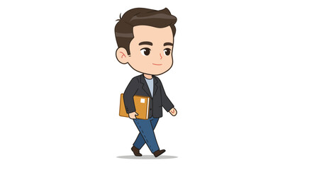 A cute cartoon illustration of a young man in a blazer walking while carrying a folder.
