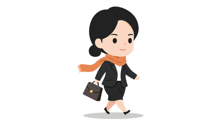 Cartoon depiction of a businesswoman walking with a briefcase, wearing a suit and scarf, against a white background.
