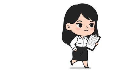 Cartoon businesswoman character walking while holding a clipboard, displaying a professional and organized demeanor.