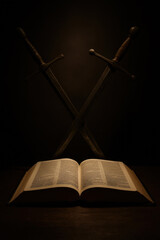 Faith and Battle Symbolism with Crossed Blades and Scripture

