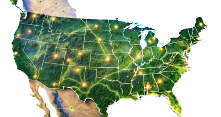 United states map green nature illuminated cities