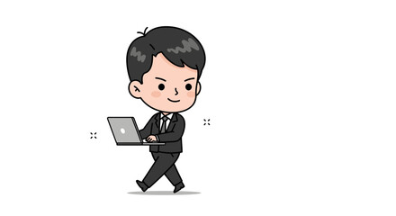A cheerful businessman briskly walks while working on his laptop.