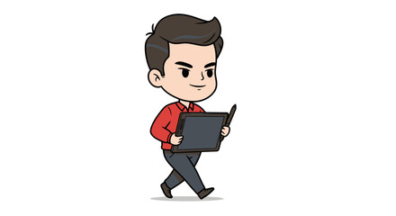 A confident cartoon man in a red shirt walks while focused on his open laptop.