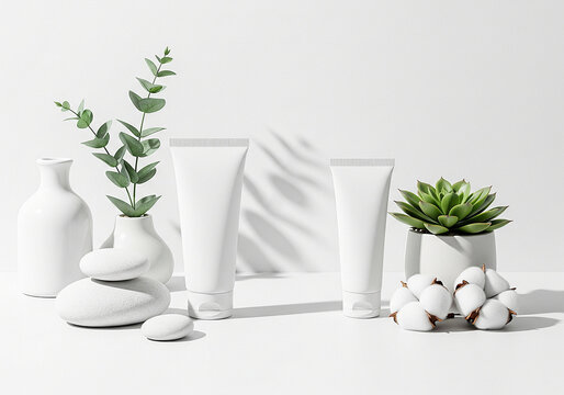 Clean white background featuring two white tubes, botanical elements, and decorative stones, suitable for natural products.