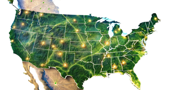 United states map green nature illuminated cities