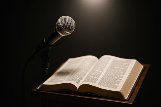 Religious Communication Concept with Bible and Public Speaking Setup