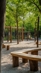 Play area with natural wooden structures surrounded by lush greenery in a city park