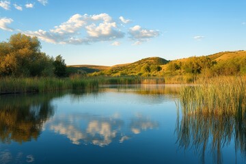 Fototapeta premium A tranquil landscape featuring a calm water body reflecting the blue sky and cloud formations, surrounded by lush green vegetation and distant hills.