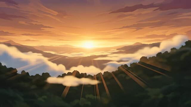 Aerial cartoon jungle sunrise background for epic animations, nature intros, and uplifting cinematic scenes