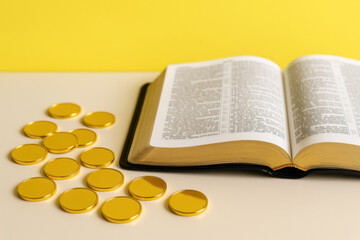 Faith and Riches Symbolized by Bible and Coins