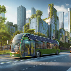 Obraz premium Futuristic electric bus cruising through a green urban landscape during daylight