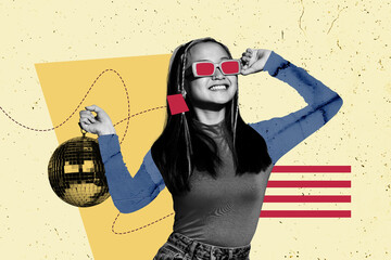 Sketch artwork trend collage of happy hipster girl wear sunglass hold disco ball weekend chill...
