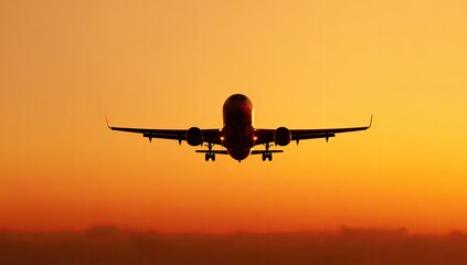 Fototapeta premium Silhouette of a jetliner landing at sunset
