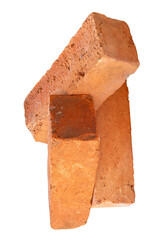 Side view of three cracked old red or orange bricks in stack isolated on white background with clipping path